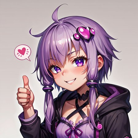 score_9, score_8_up, score_7_up, source_anime, BREAK
<lora:YuzukiYukari_MMD_V1:0.9> yuzuki yukari, purple eyes, small breasts,  
short hair with long locks, purple hair, hair ornament,
black criss-cross halter, purple dress, purple thighhighs, black jacket, hooded jacket, long sleeves, 
silver background, simple bacground,,
smile, looking at viewer,  ((Thumbs up:1.5)),upper body,Heart speech bubble
