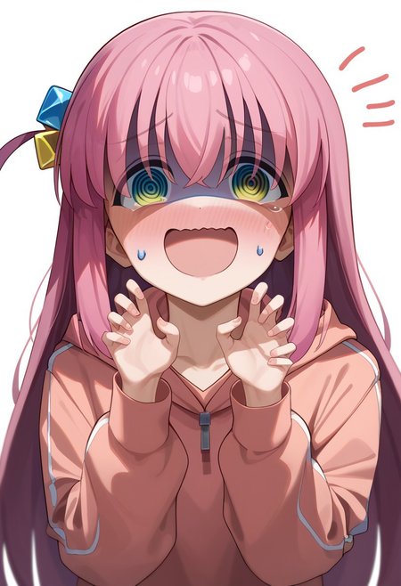 score_9, score_8_up, score_7_up,
1girl, solo, bocchi_(bocchi_the_rock!), shy pose, nervous, laugh, blush, @_@, looking at viewer, simple background,