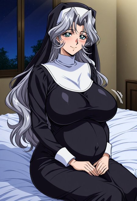 masterpiece, best quality, newest, highres, uncensored, 1girl, yokota mamoru style,
1girl,slender face,motion lines,1990s (style) 
Kate Andou,Grey Hair, Waist Length Hair,long Hair, Wavy Hair,Green Eyes,Big Breast Sizes, 
1girl, pregnant, solo, long hair, blue eyes, smile, blush, nun dress, bed, big belly, sitting, night, looking at viewer, huge breasts
