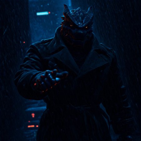 Dragonborn with trench coat in the rain running in the street with blade runner blaster pointing toward the camera, easynegative, Dragonborn, furry dragon, Blade runner, bldrnrblstr