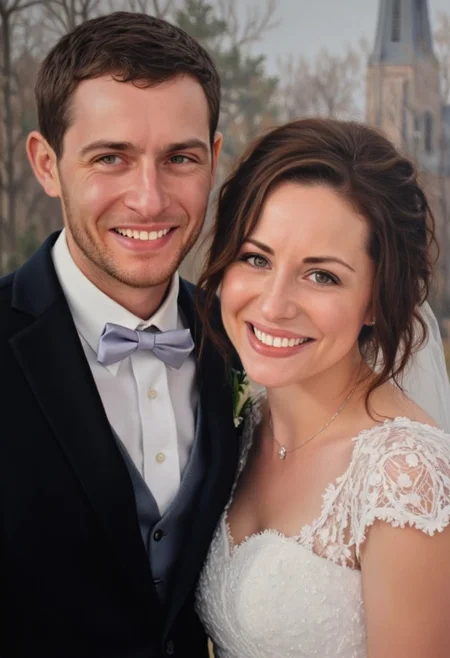 photorealistic portrait painting of a couple at their wedding, woman in white lace dress, man in dark suit, smiling at viewer, church in the background. Detailed skin, detailed clothes and fabric, detailed background, soft light <lora:hyperrealism-000103:1>