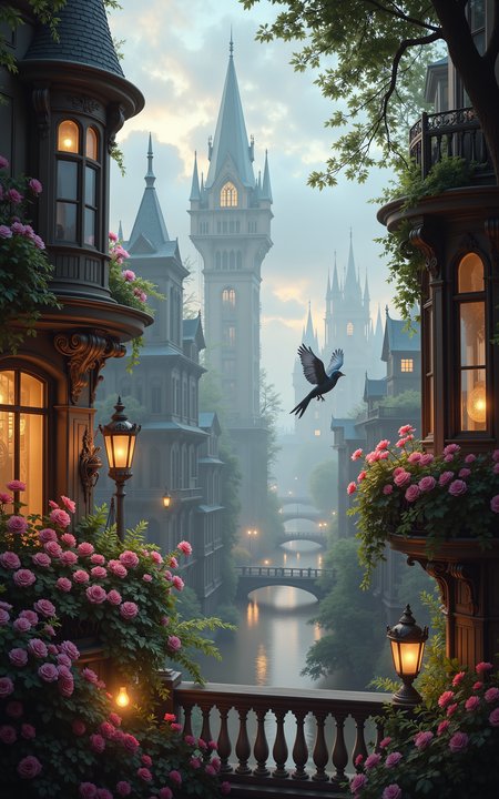 an enchanted balcony overlooking a fantastical steampunk city,tall ornate buildings with spires and bay windows stretching into the misty distance,floating botanical vessels hovering in the sky,golden light pouring from antique lanterns,lush pink flowers in full bloom,no characters,vivid style,
<lora:aidmaMJ6.1v0.4:0.6>,aidmaMJ6.1,<lora:AntiBlur:0.8>,