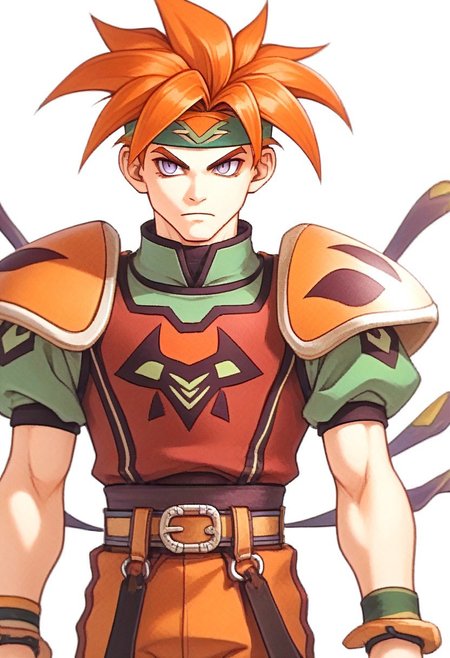 score_9, score_8_up, score_7_up, source_furry, FMW1, 1boy, (gradient eyes:1.5), terranigmark, spiky orange hair, pauldrons with faces, jeweled headband, print shirt, green sleeves, bracelets, belt with dangling straps, red baggy pants, fe10portraits, portrait, white background