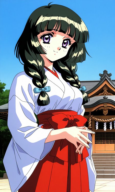 general,highres, ultra-detailed,very aesthetic,best quality ,best hands,  BREAK <lora:Kamiyama_Miko_OVA_IS:1>Kamiyama_Miko_OVA, 1girl,solo, dark green hair, twin braids, blunt bangs, hair over shoulder,  purple eyes, 1990s (style), anime coloring, breasts,
miko, solo, japanese clothes, red hakama, skirt, hakama, hakama skirt, 
long sleeves, long hair, smile, looking at viewer, wide sleeves, ribbon, hair ribbon, twintails, bow,
shrine, sky, Japan,