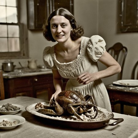 daguerreotype portrait circa 1850, woman setting a platter of roasted alien turkey and trilobites on a dirty dining table, in old kitchen, wearing a cotton revealing sexy dirty old ripped dress made of cotton, detailed face
