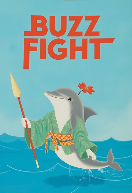 realistic japanese painting by konoshimaO, the ocean background,
a dolphin wearing the kimono and holding a spear.
the impressive text reads "BUZZ FIGHT".