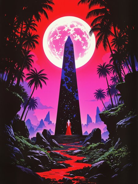 famous artwork, hyper-realistic, photo-realistic, award-winning 80s cinematic fantasy movie scene, highly aesthetic, high resolution, uhd, 8k, 4k, dramatic, epic, meticulous, accurate, at night, rule of thirds, symmetrical, in the heart of the jungle, where shadows dance and bleed, a beautiful chaotic melody, where depravity finds its seed, neon lights paint a picture, of a world immersed in sin, a collision of emotion and violence, where numbness dwells within, phantasmal obelisk, impending doom, cyclopean tomb, neon hues, color contrast, the color palette is predominantly scarlet red and dark amethyst purple and viridian and anthrazit grey and ultramarine blue, lovecraftian, cthulhu mythos, ovg, arsmoviestill, dndgr41nyb0yz style, aidmahyperrealism, <lora:hyper_realism-v0.3-flux-by_aidma:0.52> <lora:style-80s_fantasy_movie-v3-flux-by_arsmachina:0.96> <lora:style-dnd_grainyboyz-romulus-flux-by_kimwithdapuss:0.36>