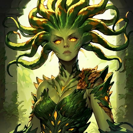 <lora:Vraska_Magic_the_Gathering:1> vraska, solo, 1girl, colored skin, monster girl, yellow eyes, green skin, glowing, plantdress, breasts, snake hair  <lora:RD-MAnon-XLV1.1:1> female, source_anime, score_9_up,  score_7_up, score_8_up