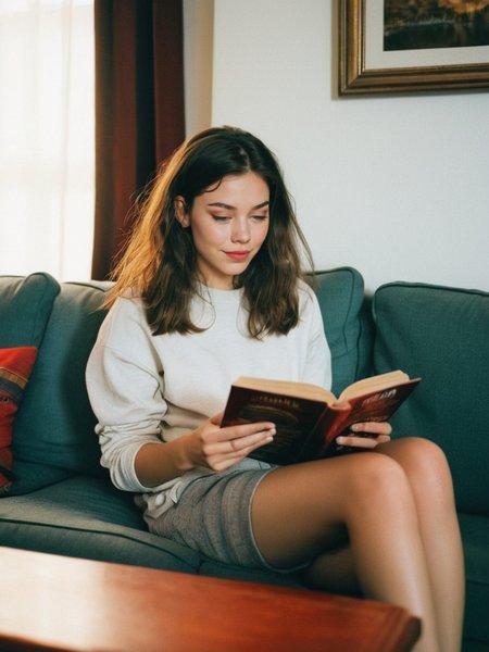 Analog photo of Nellie_LaPlace_P_MXAI_SDXL , wearing comfortable clothes, sitting on a couch, reading a book, shadows, relaxed, elegant,