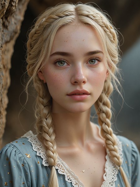 ( detailed realistic background:1),
( official art, beautiful and aesthetic:1 ),
realistic lighting,
cinematic lighting,
hyperrealism,
soothing tones,
muted colors,
high contrast,
soft light,
sharp,
artistic photoshoot,
( cute, petite:1.2 ),
slender,
european,
pale cheeks,
square face shape with angular jaw,
natural "no-makeup" makeup,
heart-shaped compact ass ,
senior,
platinum blonde hair ,
crown braid  ,
hip focus 
underground cave exploration discovering hidden wonders  ,
whispering rain with soft moonlight  ,
twinkling constellations  ,
One-piece 
lower body clothing, carbon-fiber nanotube, , clay tiles, oversized fit, high waist,  allover print,button fly,,patches,,cargo pockets,,cross-back,,ice wash   
lace sock 
mary jane  ,
Discontented, turn pale ,
looking at viewer,