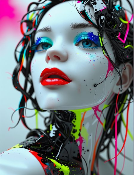 (large shot:1.5),
portrait, octane render, robot, it is Exotic, Overdetailed art, Vaporpunk, Low shutter, contemporary, fine detail, unique, complex artistic color composition, magnificent, complimentary colors, atmosphere, human eyes and lips, deep rich colors, illustrious, dynamic composition, sensual, expressive look, no hair, white ceramic surfaces, looking to the side,in the style of ck-ncr,
 <lora:lora:1> reij-incs, silhouette character, black ink, neon colors, colors splash effect, flowing hair, 
<lora:Treeroots_0_90_multi2_Handprocessed_V2:0.3> PG-TR,