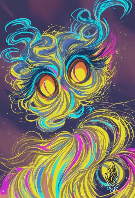 A whimsical creature peeks into the right side of a vertical canvas, its large, curious eyes staring directly into the frame as if observing the viewer. The frame itself appears to bend slightly, reacting to the creatureas playful presence, creating the illusion that itas part of the scene, Vibrant Glow