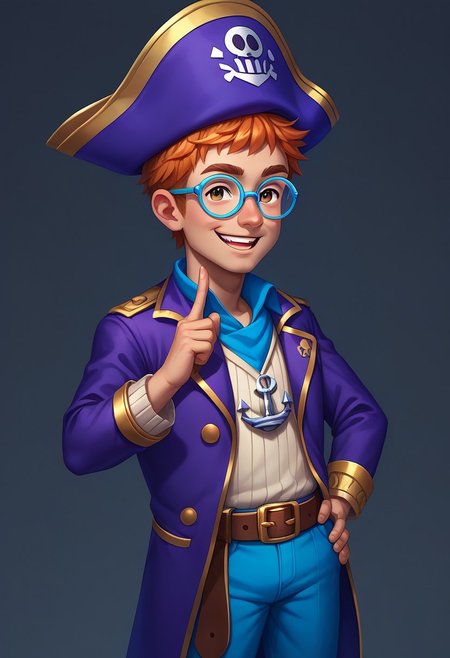 score_9, score_8_up, score_7_up, score_6_up, CasGAC, masterpiece, best quality, detailed eyes, detailed face, perfect eyes, high detailed, absurdres, highres, BREAK 1boy, ((kid, child)), little boy, solo, light ginger hair, smile, teeth, light brown eyes, short hair, pirate costume, purple pirate's hat with red ribbon on the bottom, gold borders on the edges of hat, white anchor in the middle of hat, white and blue striped sweater, purple jacket without sleeves with gold borders on the edges, red bandage on his hips, brown belt with gold buckle, round blue glasses, blue pants, BREAK right-hand hand up with up index finger, points up with his index finger, left hand on his hip, standing, cowboy shot, looking at right, semi-sideways, half-sideways, BREAK simple background, gray background