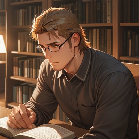 masterpiece, best quality, amazing quality, absurdres, newest, detailed background, definition so sharp, Ultra-HD, 8K cinematic, very awa, impressionate, amazing quality, highres, 
solo, male focus, manly, shadow, shiny skin,
ekusoushizumu, ekusou_brunette, ekusou_orange eyes, 1boy, short hair, sideburns, stubble, library, bookshelves, reading, old_books, warm_lighting, cozy_chair, intellectual, calm_atmosphere, quiet, focused, glasses, classic_literature, wooden_desk, study
