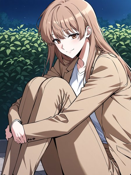 <lora:Omniscient_Readers_Viewpoint__Yoo_Sangah:1>
1 girl, solo, long hair, light brown hair, straight hair, brown eyes,
brown blazer, white t-shirt, brown pants,
score_9, score_8_up, score_7_up, very aesthetic, source_anime, detailed, high quality, beautiful, detailed eyes, masterpiece, best quality, absurdres, perfect anatomy, 1girl, solo, hugging your own legs, sitting, garden background, charming smile, night