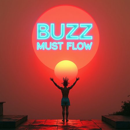 a wide low angle shot of a  floating in mid air a huge bioluminescent neon hologram  sign labelled "BUZZ MUST FLOW" abvove a cyberpunk aztec priest wearing loin-shirt, turquoise body paint, wearing traditional aztec feather headdress, standing on a platform of an aztec cyberpunk temple at sunrise, rising arms streched arms, worshipping the sun god, in the background the rising sun is a dark bioluminescent red sphere rising just over the horizon, golden hour, hyper realistic, 8k, high resolution movie still from Blade runner movie, orange light sky, dense fog, mist, dawn light ambiant, blazing sunrise sky, nightcity