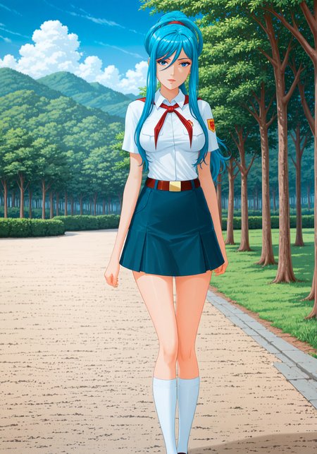 masterpiece, high_quality, highres, detailed_eyes, detailed, masterpiece, best quality, absurdres, 8k, HDR, face_focus, high quality, very_awa, newest, absurdres, highres, depth_of_field, realistic_skin, pinkretroanime, (retro art:0.7), Jeddtl02, p0nyd1sney1ncasev1x0n2, very aesthetic, detailed face, pioneer_uniform, el_pioneer_outfit, white_shirt_pioneer, short_sleeves, pioneer_badge, blue_short_pioneer, red_neckerchief, belt, white_socks, shoes, <lora:Takao_Aoki_illustrious:1>, blue hair, ponytail, blue eyes, (medium hanging breasts:1.2), elegant and dominant, mature, adult, sexy, medium breasts, looking at viewer, detailed beautiful eye, medium breasts, amazing background, clouds, nature, forest, ,  <lora:Everlasting_summer_pioneer_uniform:1>