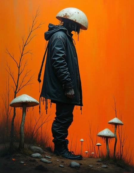 orange white and black , oil painting profile, from the waist up, sharp focus, (biopunk:1.3) and (dark fantasy:0.5) and (retrofuturism:1.1),
(small mushrooms:0.5), mucus dripping.
flat saturated dirt color background, in the style of gerald brom and Joseph Cross.