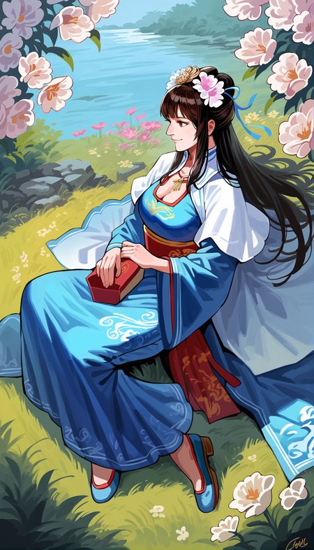 score_9,score_8_up,score_7_up,
<lora:wangyuanji:0.8>,
wangyuanji,1girl,solo,black hair,long hair,bangs,updo,hair ornament,hair flower,brown eyes,looking to the side,smile,chinese clothes,layered blue and white fabric,necklace,blue ribbon,white cape collar,cleavage,long silk skirt,  
full bodym 
outdoors,flowers,