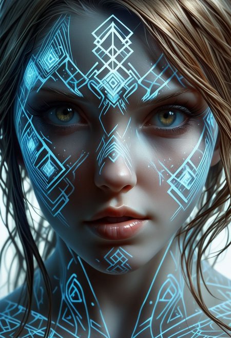 Nordic Rune on girls face, close-up, by Minjae Lee, Carne Griffiths, Emily Kell, Steve McCurry, Geoffroy Thoorens, Aaron Horkey, Jordan Grimmer, Greg Rutkowski, amazing depth, double exposure, surreal, geometric patterns, intricately detailed, bokeh,  perfect balanced, deep fine borders, artistic photorealism , smooth,  great masterwork by Suiras  <lora:add-detail-xl:2>  <lora:Double_Exposure:0.5>