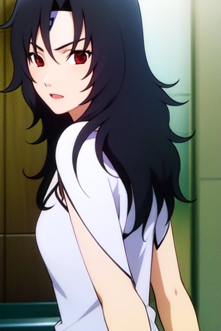 1girl, long hair, black hair, solo, looking at the viewer, forehead protector, red eyes