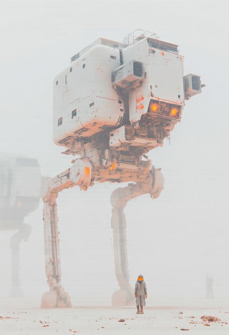 A towering Scout Walker stands at the center of a desolate, futuristic spaceport, the walker a striking contrast against the endless white desert and swirling mist. a sleek, unassuming war mashine, the lines tight and minimalistic, highlighting it form with subtle sensuality. The neon glow of orange is the only color that punctuates the pale, monochromatic expanse, casting soft reflections on the ground as it shimmers faintly with a metallic sheen. glowing softly with an ethereal light, deep and unreadable. flawless, and a faint, almost invisible hints at a forgotten legacy, a delicate touch of history lost in the future’s cold embrace. stands poised, regal in solitude, as the soft glow of neon lights catches the walker in an almost dreamlike way. Behind it, the mechanical silhouettes of towering robots loom faintly through the dense mist, their glowing eyes flickering like distant, fading stars. The spaceport stretches beyond, a ghostly, sterile place where the harsh edges of high-tech architecture dissolve into the haze. Yet the walker remains—a singular beacon of life, a neon-colored enigma in a forgotten world, their presence captivating amidst the silence and stillness of the surrounding void.