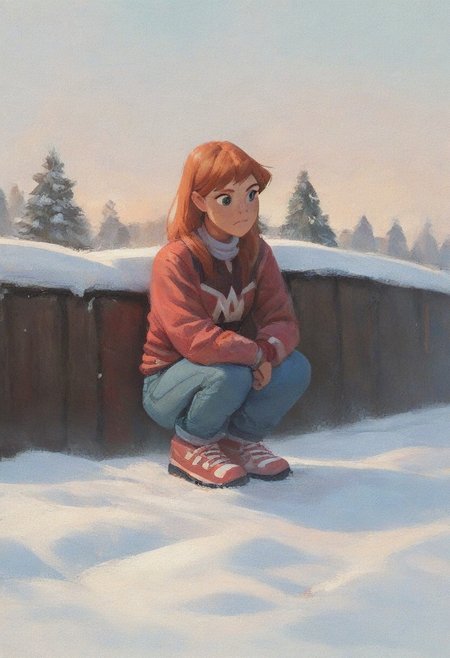 score_9, score_8_up, score_7_up, score_6_up, score_5_up, score_4_up, rating_safe, masterpiece monet painting, julie_power, squatting in the snow