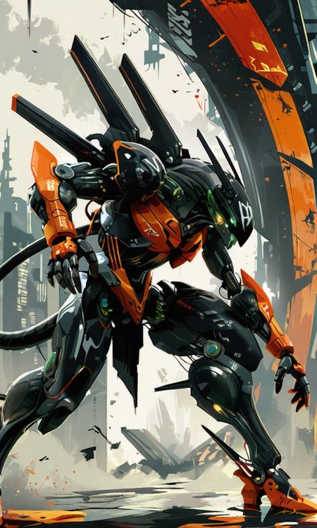 A highly detailed futuristic mecha robot with a sleek black and orange design covered in graffiti glowing green eyes and a dynamic pose,   <lora:- NAI - ac_illustration_V1.0-step00011000:.4>  <lora:- NAI - PdJ_highres_counterweight_V.2.0-step00021000:0.7>  <lora:- iLL - the_edgy_mech_V3.0:0.4>