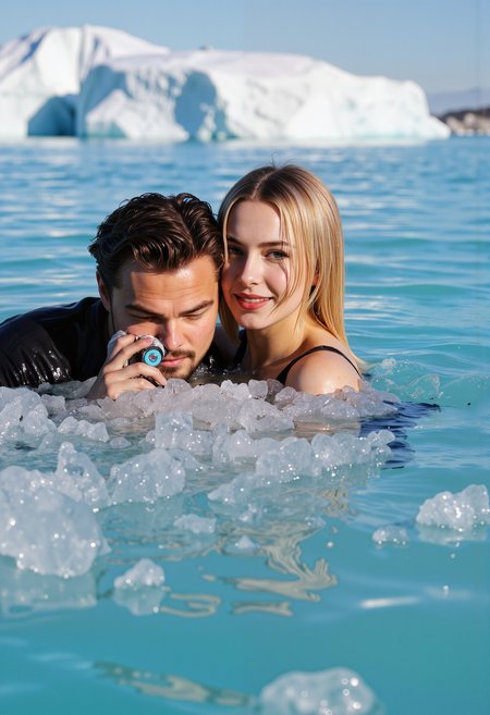 âï¸ ÐÑÐ¾Ð¼Ñ: Young Leonardo DiCaprio and Kate Winslet make a selfie with a smartphone, floating in ice waters. Joy, in the background, the titanium and iceberg are drowning. Ice, icy hairstyles