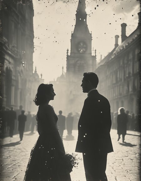 35mm vintage street photo of a couple getting married in front of a church, bokeh, 4k, uhd, masterpiece