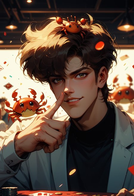 (score_9, score_8_up), score_7_up, 1boy, clear card, sprinkles, eye of providence, kirara jump, knives between fingers, finger to own chin, mac 10/11, submarine sandwich, crab on head, double thumbs up,
Depth of field, blurring background, cinematic lighting, retro
 <lora:nostalgia-000011:0.6>