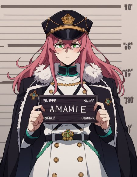 score_9, score_8_up, score_7_up, source_anime, <lora:princia-funnybunny-movie-ponyxl-lora-nochekaiser_r1:1>, princia funnybunny, long hair, green eyes, pink hair, red hair, crossed bangs, sidelocks, hat, jacket, belt, uniform, fur trim, military, military uniform, peaked cap, large breasts,, crosswalk, people, street, white lines, traffic, , <lora:barbie-mugshot-ponyxl-lora-nochekaiser:1> barbie mugshot, barbie mugshot (meme) height mark, holding sign, nameplate, height chart, sign, meme, blush, cowboy shot, looking at viewer, solo,, dutch angle, cowboy shot