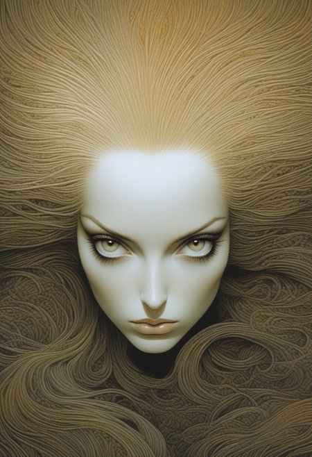 Artwork  by moebius, there is a woman with long hair, naoto hattori, mark brooks and brad kunkle, style of aesthetic, comic book artwork portrait of a young woman 22yo, she has a striking light gray eyes, long eyelashes and well-defined eyebrows, catchlights, portrait masterpiece, perfect beautiful face , (light freckles:0.3) , sparkling eyes, sad expression, intimate and engaging portrait with a sense of mystery,  ethereal abstractions, background is minimalist, duo-toned color graded, finely detailed, beautiful cleavage, simmetry, high budget,  sharp focus, intricate fractal details, analog drawing ,  eye catching, drab, <lora:eye_catching:1> ,<lora:MoebiousXL:1>