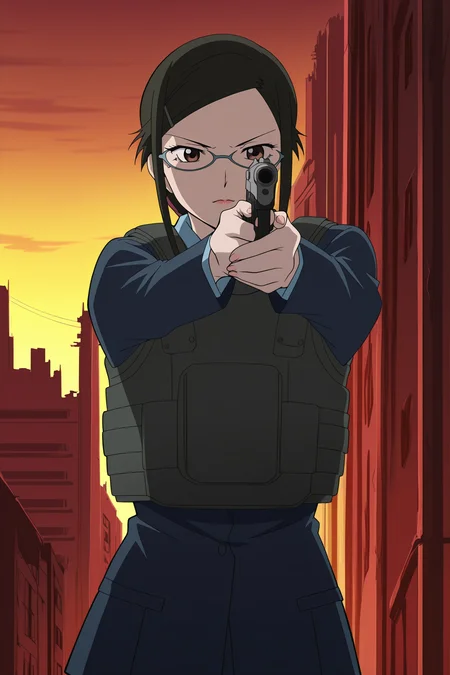 anime screencap, anime coloring, detailed face, masterpiece, best quality, very aesthetic, absurdres, volumetric lighting, official style, amazing quality, ultra detailed,  highres, amazing quality, scenery, beautiful detailed hair, beautiful detailed eyes, defined fingers, five fingers,
<lora:StS-Illustrious-Detail-Slider-v1.0:4>
 <lora:Misaki_Kirihara_Darker_Than_Black:1>
outside, a war is happening, crumbling buildings,
Misaki bullet vest (outfit), Misaki Kirihara (character), 1girl, weapon, gun, solo, glasses, holding weapon, bulletproof vest, aiming, load bearing vest, holding, handgun, black hair, holding gun, brown eyes, body armor, pointing gun