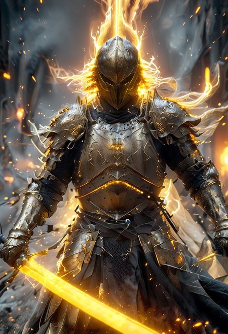 1man, armored samurai in golden samurai armor, wearing samurai helmet and armor,  golden fire, wielding dual swords:1.2, brave perspective, reflection, glowing golden fire, golden lightning shatter, , glowing sword, motion blur, emphasis line, outdoor in the darkness, looking at viewer, katanas