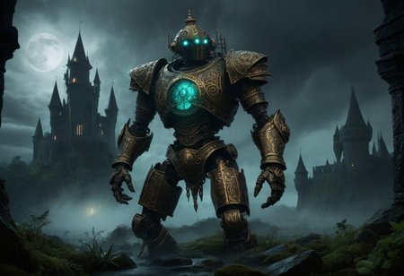 giant bipedal robot brass and dark teal striped paint, bronze paisley robot. lacy robot metal. glass helmet torso head. outside of a steampunk keep. large detailed torso. dark image. one forty foot tall ancient robot with great arms and two heavy spring legs. dark foggy night background. $dark foggy night image only. dark photo realistic image. steampunk details. cogs, chains and pipes incorporated in the fantasy buildings. magic wizards tower in background. Dark swamp, moss, castle ruins, wizards tower. stormy dark night.  stormy sky.  rain
