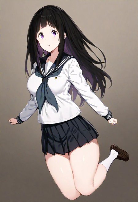 chitanda_eru, 
1girl, chitandaeru, purple eyes, long hair, black hair, kamiyama high school uniform \(hyouka\), school uniform, serafuku, 
masterpiece, best quality, very aesthetic, absurdres, 1milf, 1adult, solo, full_body, tachi-e,