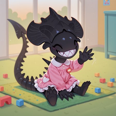 masterpiece, best quality, amazing quality, very aesthetic, absurdres, newest, pikaole, cute, (solo), xenif, teeth, sharp teeth, tail, no humans, monster, colored skin, black skin, claws, spikes, frilly pink dress, smiling, ^_^,  waving, looking at viewer, sitting on green rug, toy blocks, (kindergarten), golden hour, <lora:XenomorphQueenIL:1>   <lora:pikaole:1>