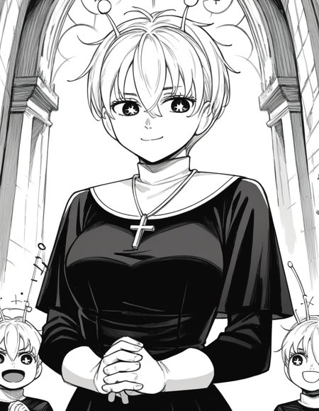 score_9, score_8_up, score_7_up, source_anime, <lora:vamola-manga-ponyxl-lora-nochekaiser:1>, vamola, short hair, bangs, hair between eyes, symbol-shaped pupils, antennae, star-shaped pupils, monochrome, greyscale, medium breasts,, <lora:traditional-nun-ponyxl-lora-nochekaiser:1>, traditional nun, nun, habit, long sleeves, dress, black dress, jewelry, black veil, cross, cross necklace,, church, smug, praying,, , dutch angle, cowboy shot