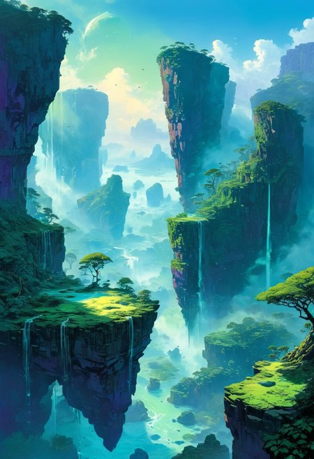 Artwork, cyberpunk, anime, A fantastical depiction of levitating islands inspired by the movie Avatar. The islands are lush and vibrant, covered with dense green foliage, exotic glowing plants, and cascading waterfalls that flow into the air below. The floating landmasses are surrounded by mist and soft sunlight, creating a mystical and ethereal atmosphere. In the sky, colorful flying creatures and floating rocks can be seen, adding to the otherworldly vibe. The scene is bathed in a magical blend of blues, purples, and greens, evoking a sense of wonder and awe.,, frazetta style