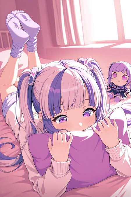 masterpiece, best quality, amazing quality,
 <lora:PAREO_IL:1> pareo, on stomach, 1girl, character doll, twintails, socks, multicolored hair, lying, object hug, purple eyes, pillow hug, bangs, hair ornament, pillow, solo, purple hair, on bed, feet up