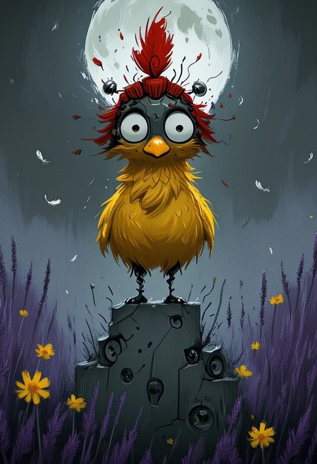 1chicken, yellow bill, red comb, cyber warrior japan, cybernetic samurai , catana, sword, sitting on one knee, feathers, robot joints, wild, disheveled feathers, enormous expressive eyes, standing among purple lavender and yellow daisies, digital painting with textured brushstrokes, mechanical parts, full moon , city background, dark whimsical, detailed
