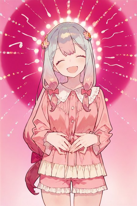 noco_(adamas), anime screencap, masterpiece, best quality,
1girl, solo,(blue eyes:0.8), 
low-tied long hair, multicolored hair, grey hair, pink hair, hair bow, pink bow,  (side ponytail, hair over shoulder:0.0), multicolored hair, grey hair, pink hair, (blue eyes:0.8), hair flower, (SagiriPajamas, frilled shirt, pink shirt, buttons, long sleeves, frilled shorts, short shorts, pink shorts:0.8),
((closed eyes)), open mouth, smile, head tilt,
hands on stomach,
(sperm at background:1.074),simple sperm,pastel pink background,simple background, umai!, meme, radial light panel,radial sperm, backlit,