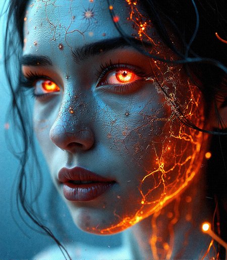  a hyper-realistic close-up of a female character with glowing, ember-like eyes that burn with an intense inner fire. Her skin is a cold, translucent blue, contrasted with intricate cracks and fissures that glow with molten orange and red hues, suggesting that she is a fusion of ice and fire. Her face should have a photorealistic texture, showing fine skin details, with subtle reflections of the fiery glow on her lips and cheeks. The image should capture the intensity of her gaze, with wisps of hair framing her face, illuminated by the fiery light.

The background should be soft and blurred, allowing the viewer to focus entirely on the intricate details of her face. Use dynamic lighting to accentuate the contrast between the cool blue skin and the hot, glowing cracks. This character should evoke a sense of power and mystery, as if she is a supernatural entity or a being in the midst of transformation. Add subtle details like faint embers or sparks around her, enhancing the illusion that she is emanating heat and light from within.

