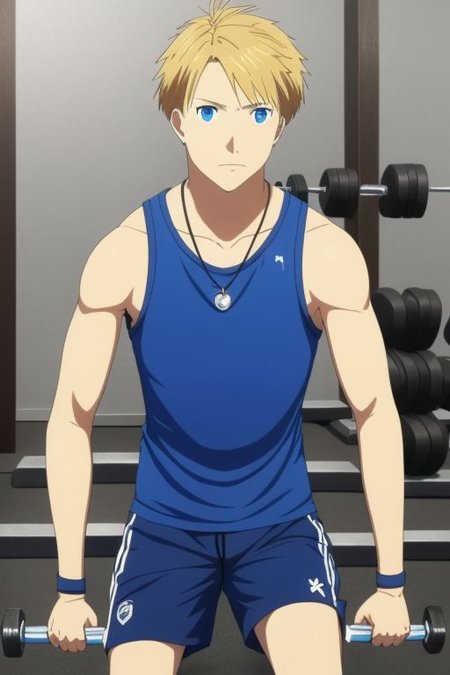 high resolution, solo, best quality, 1Boy, Yamato Ishida, Blond Hair, Blue Eyes, Necklace, Gym , tank top, shorts, exercise, sixpack, gym, OverallDetail