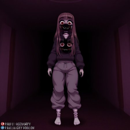 Paula,1girl,Brown hair,mask with :3 symbol,choker,bangs, hoodie,baggy gray pants,white socks,Long hair
analog horror,horror \(theme\),
Paula with red eyes in the middle of the darkness
