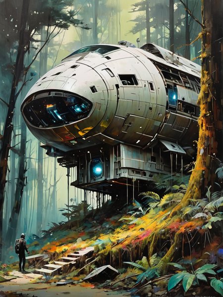 Capture an abandoned spaceship settled in a dense forest, blending Minjae Lee's distinctive styleâmarked by intense colors and dynamic, expressive strokes. Employ heavy, bold brushwork to depict the contrast between the technology's decay and the forest's vitality. Utilize Lee's vibrant palette to highlight the encroachment of nature, with vivid greens, deep browns, and the stark metallics of the spacecraft creating a compelling visual narrative. This oil painting should evoke a sense of both abandonment and natural reclaim, embodying the unique fusion of man-made and natural elements (style of  Jeremy Mann:1.1)