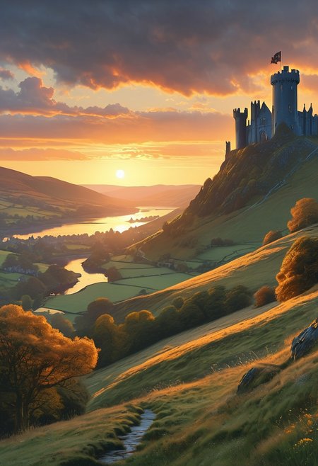 A captivating night scene illustration featuring Camelot large  hill overlooking a lake in Wales.   Camelot ancient but well maintained and updated and comfortable to live in.  Smoke rises from the chimneys.  This enchanting artwork captures a serene and peaceful early morning, where the sun is just starting to rise over the beautiful hills and Camelot  which   stands resolute amidst hills of Wales, creating a cinematic experience back to the times of King Arthur and his knights, 
 illustration, cinematic
<lora:DonM3t3rn1tyXL-v1.1:0.7>, DonM3t3rn1tyXL,
OverallDetailXL  <lora:MJ52:0.3>  <lora:SDXLFaeTastic2400:0.4>  <lora:EpicF4nta5yXL:0.7>