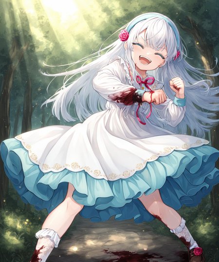 intricately detailed illustration, shiny skin, masterpiece, best quality, amazing quality, very aesthetic, newest, scenery, (volumetric lighting:1.1), full color, clear line, solo, <lora:nia_liston_v01:1>, nia_liston, long hair, white hair, bule eyes, white dress, blue underskirt, rose headband, white socks, shoes, laughing out loud, blood on fist, punch, POV, <lora:LECO_BadHands:1.2>, <lora:LECO_GoodHands:-1.2>, <lora:cfg_scale_boost:0.7>