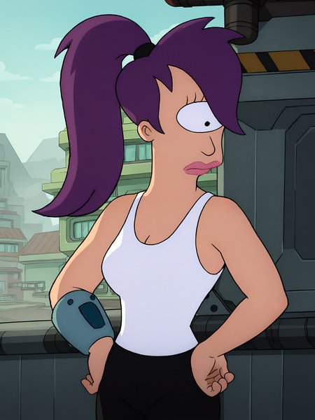 leela, 1girl, purple hair, one-eyed, cyclops, ponytail, long hair, solo, white tank top, black pants, lipstick <lora:LeelaPony1.2_r2:1>,looking at viewer,cowboy shot,upper body,   city, science fiction, hand on own hip, score_9, score_8_up, score_7_up, score_6_up, score_5_up, score_4_up